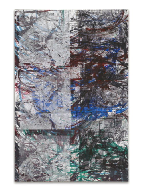 Leyla Yenirce, ‘PlayStation 5’, 2022. Huile, spray acrylique et encre sérigraphique sur toile. 300 x 200 cm. Collection Mudam Luxembourg. Dépôt 2024 – Keith and Christiane O’Donnell-Pommerell © Photo : Gunter Lepkowski