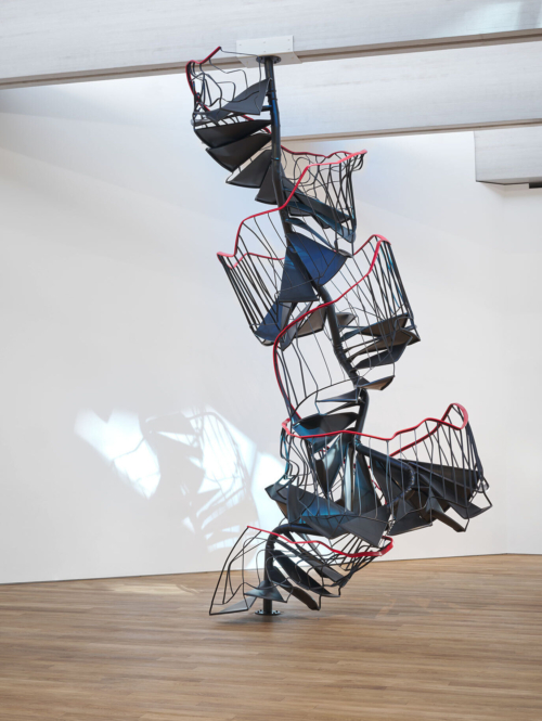 Monika Sosnowska, ‘Stairway’, 2010. Collection Mudam Luxembourg. Donation 2023 – Gaby et Wilhelm Schürmann avec le soutien des membres du Cercle des collectionneurs du Mudam Luxembourg. Vue de l’exposition ‘Radio Luxembourg: Echoes across borders’, Mudam Luxembourg. Photo : Mareike Tocha © Mudam Luxembourg
