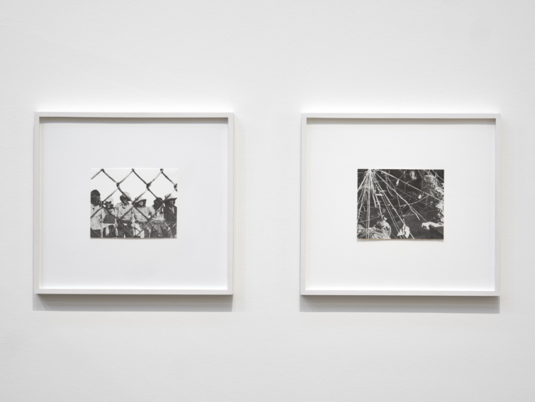 Andrea Bowers, ‘Women’s Pentagon Action, 1981, detail of woven web around Pentagon’, 2003 + ‘Feminist Spirituality and Magical Politics Scrapbook’, 2003. Gaby and Wilhelm Schürmann Collection. View of the exhibition ‘Radio Luxembourg: Echoes across borders‘, Mudam Luxembourg. Photo: Mareike Tocha © Mudam Luxembourg