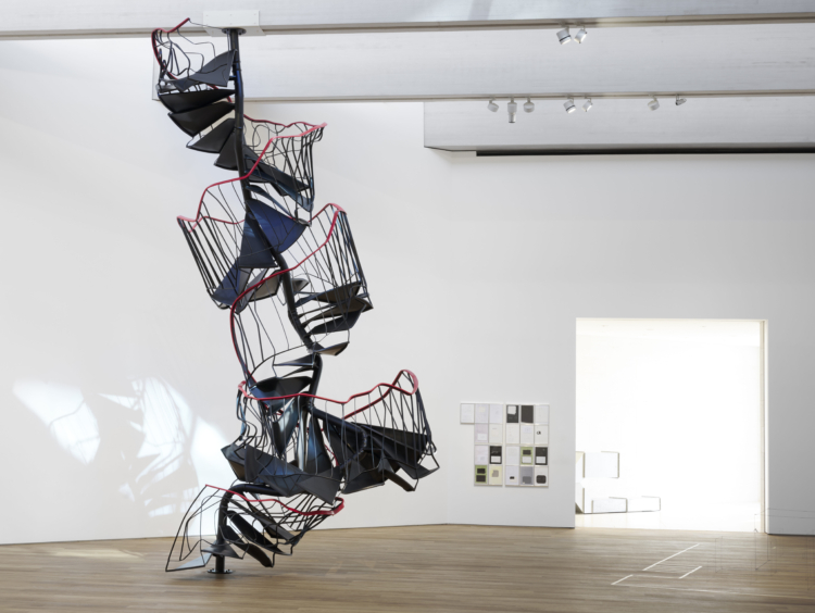 Monika Sosnowska, ‘Stairway’, 2010. Joëlle Tuerlinckx, ‘Collages THEORY OF WALKING -série ‘TOUT CE QUI N'EST / ALLES WAT NIET IS / ALL THAT IS NOT’’, 1996-2012. Charlotte Posenenske, ‘Vierkantrohre (Square Tubes)’, 1967/2019. Joëlle Tuerlinckx, ‘Salle ‘TOUT CE QUI N’EST / ALLES WAT NIET IS / ALL THAT IS NOT’, (échelle 1:1) + 9 objets ‘1M3’’, 2012. Collection Mudam Luxembourg. Donation 2023 – Gaby et Wilhelm Schürmann avec le soutien des membres du Cercle des collectionneurs du Mudam Luxembourg. View of the exhibition ‘Radio Luxembourg: Echoes across borders’, Mudam Luxembourg. Photo: Mareike Tocha © Mudam Luxembourg