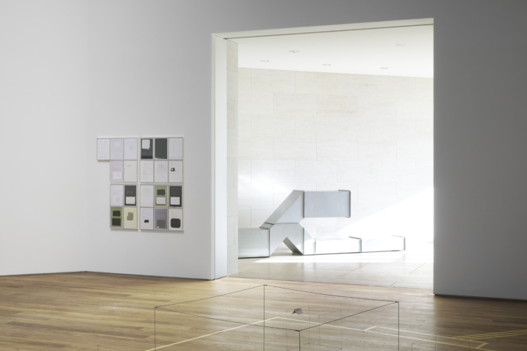 Joëlle Tuerlinckx, ‘Collages THEORY OF WALKING - série ‘TOUT CE QUI N'EST / ALLES WAT NIET IS / ALL THAT IS NOT’, 1996-2012. Courtesy of the artist, Galerie nächst St. Stephan Rosemarie Schwarzwälder and Galerie Nagel Draxler Berlin / Cologne. Donation 2023 – Gaby and Wilhelm Schürmann with the support of the members of the Cercle des collectionneurs du Mudam Luxembourg + Charlotte Posenenske, ‘Vierkantrohre Serie D’, 1967-2019. Collection Mudam Luxembourg. View of the exhibition ‘Radio Luxembourg: Echoes across borders’, Mudam Luxembourg. Photo: Mareike Tocha © Mudam Luxembourg