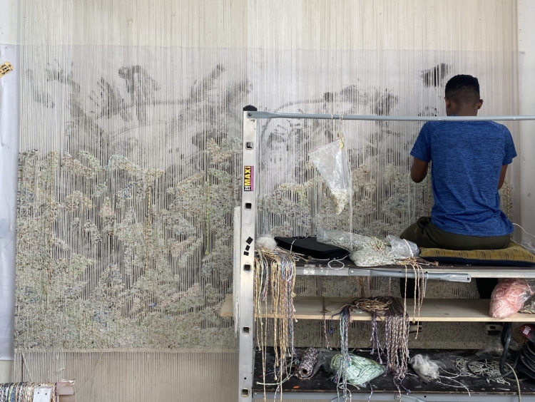 Studio at work, Cape Town, South Africa, 2023. Courtesy the artist, Thomas Dane Gallery and blank projects. Photo: Monique du Plessis © Igshaan Adams