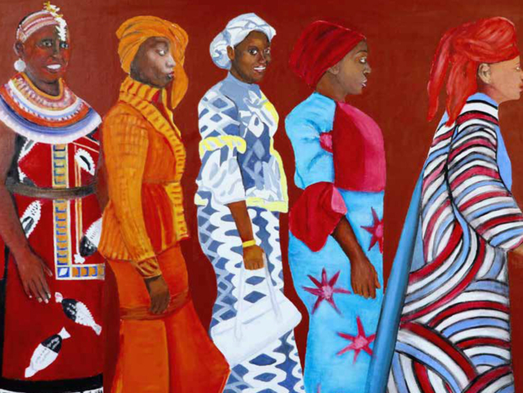 Berthe Lutgen, ‘La Marche des femmes’, 2017-2019 (détail). Huile sur toile, carton plume. Ensemble de 10 panneaux. 155 x 1000 cm. Collection Mudam Luxembourg – Musée d’Art Moderne Grand-Duc Jean. Acquisition 2023 © Berthe Lutgen