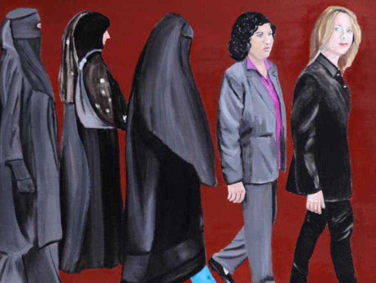 Berthe Lutgen, ‘La Marche des femmes’, 2017-2019 (détail). Huile sur toile, carton plume. Ensemble de 10 panneaux. 155 x 1000 cm. Collection Mudam Luxembourg – Musée d’Art Moderne Grand-Duc Jean. Acquisition 2023 © Berthe Lutgen