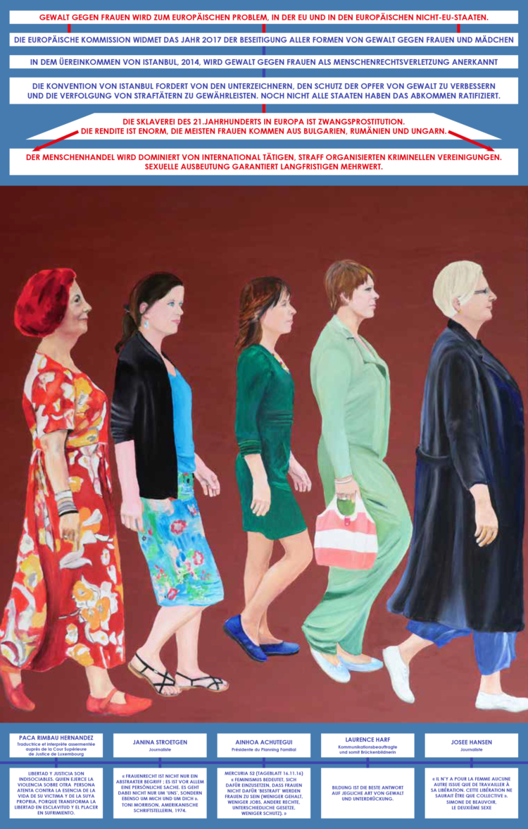 Berthe Lutgen, ‘La Marche des femmes’, 2017-2019 (détail). Huile sur toile, carton plume. Ensemble de 10 panneaux. 155 x 1000 cm. Collection Mudam Luxembourg – Musée d’Art Moderne Grand-Duc Jean. Acquisition 2023 © Berthe Lutgen