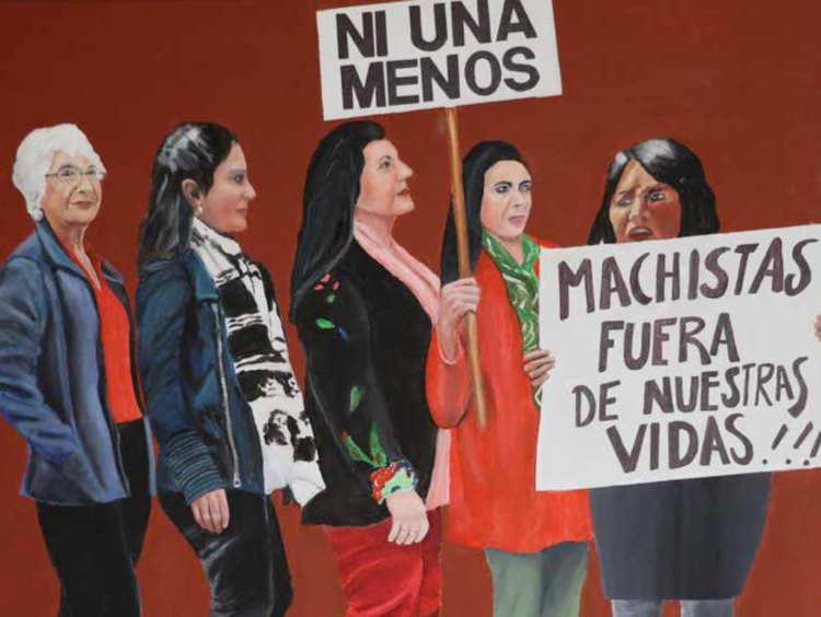 Berthe Lutgen, ‘La Marche des femmes’, 2017-2019 (détail). Huile sur toile, carton plume. Ensemble de 10 panneaux. 155 x 1000 cm. Collection Mudam Luxembourg – Musée d’Art Moderne Grand-Duc Jean. Acquisition 2023 © Berthe Lutgen