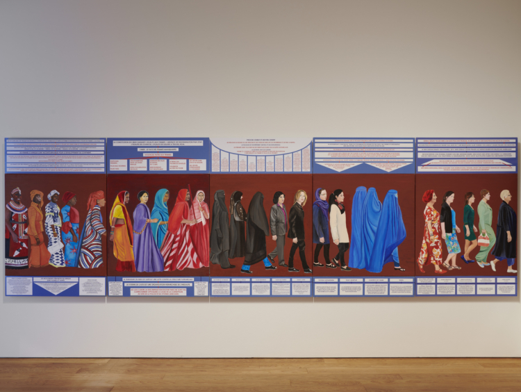 Exhibition view ‘Seven Paintings – Seven Encounters’, Mudam Luxembourg. Photo: Marc Domage © Mudam Luxembourg. Berthe Lutgen, ‘La Marche des femmes’, 2017-2019 (detail). Collection Mudam Luxembourg © Berthe Lutgen
