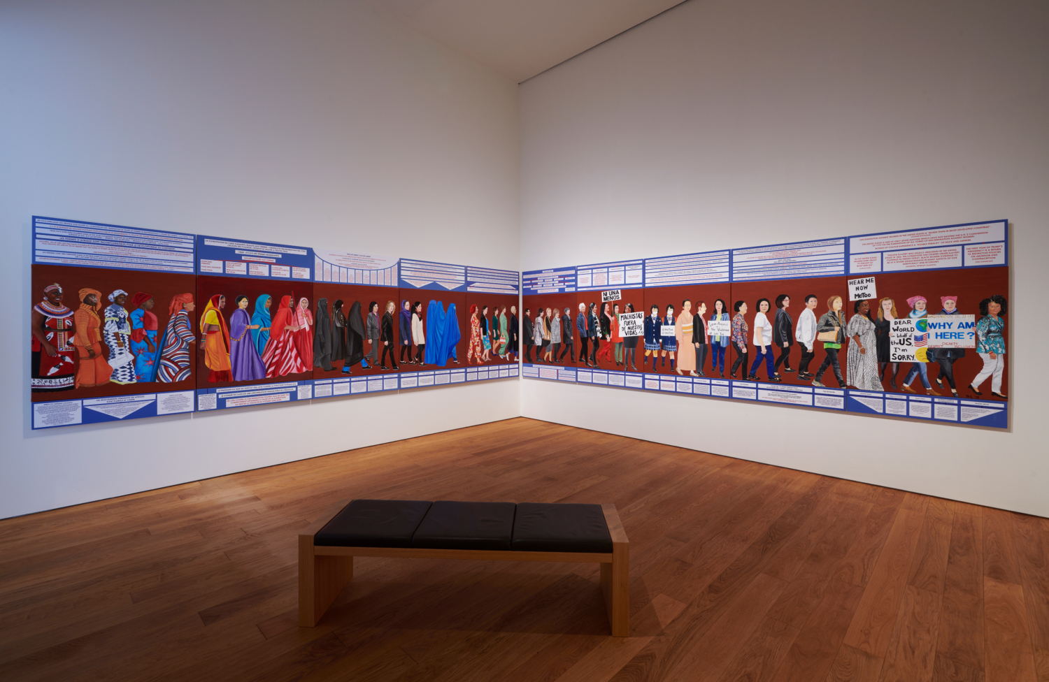 Exhibition view ‘Seven Paintings – Seven Encounters’, Mudam Luxembourg. Photo: Marc Domage © Mudam Luxembourg. Berthe Lutgen, ‘La Marche des femmes’, 2017-2019. Collection Mudam Luxembourg © Berthe Lutgen