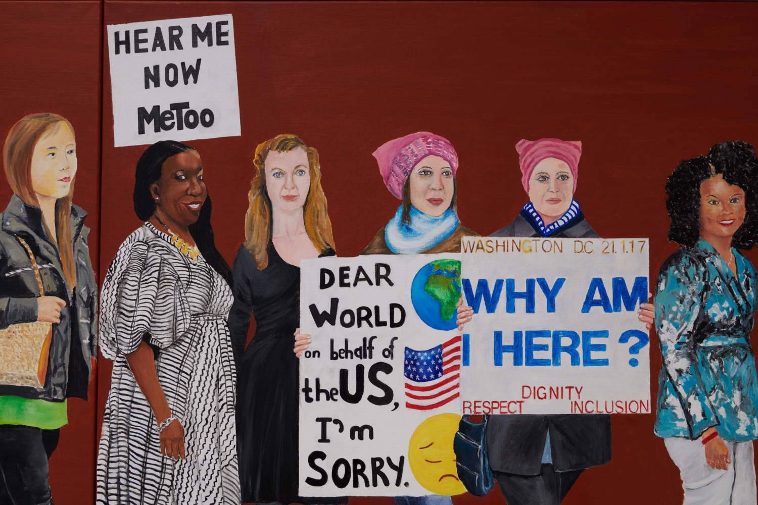 Exhibition view ‘Seven Paintings – Seven Encounters’, Mudam Luxembourg. Photo: Marc Domage © Mudam Luxembourg. Berthe Lutgen, ‘La Marche des femmes’, 2017-2019 (detail). Collection Mudam Luxembourg © Berthe Lutgen