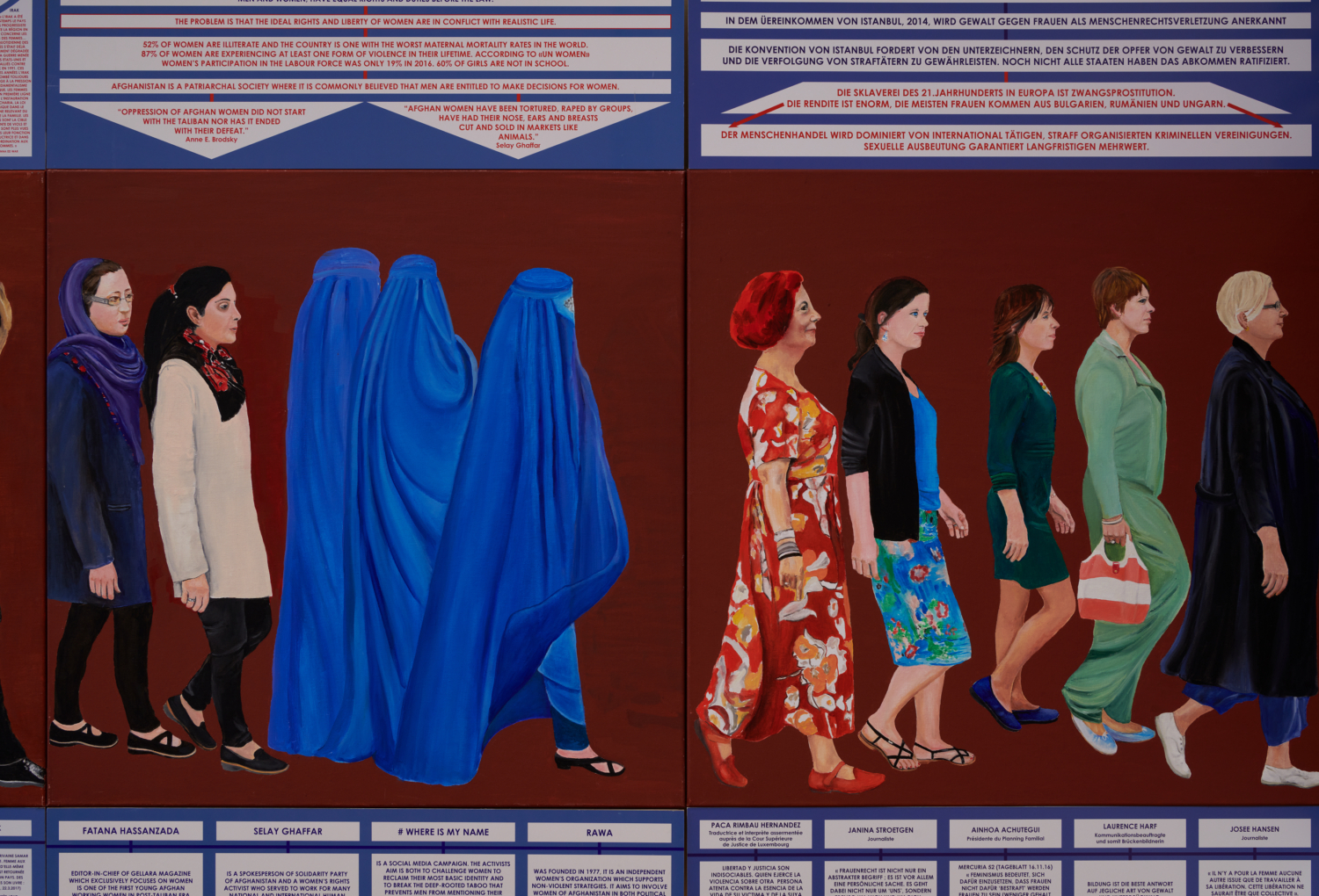 Exhibition view ‘Seven Paintings – Seven Encounters’, Mudam Luxembourg. Photo: Marc Domage © Mudam Luxembourg. Berthe Lutgen, ‘La Marche des femmes’, 2017-2019 (detail). Collection Mudam Luxembourg © Berthe Lutgen