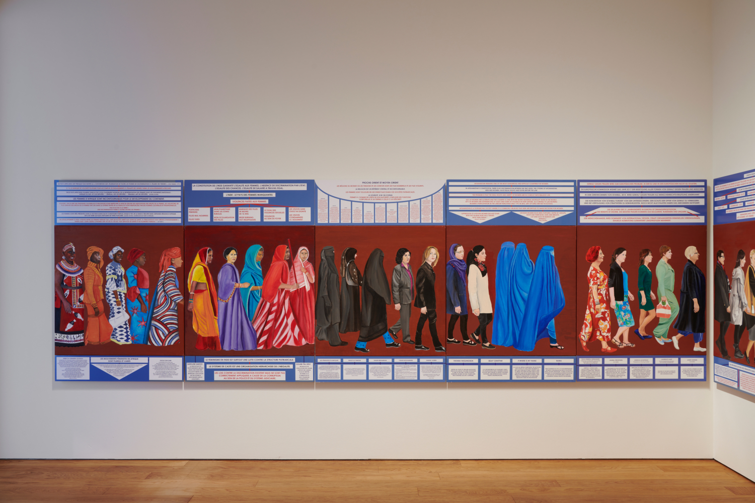 Exhibition view ‘Seven Paintings – Seven Encounters’, Mudam Luxembourg. Photo: Marc Domage © Mudam Luxembourg. Berthe Lutgen, ‘La Marche des femmes’, 2017-2019 (detail). Collection Mudam Luxembourg © Berthe Lutgen