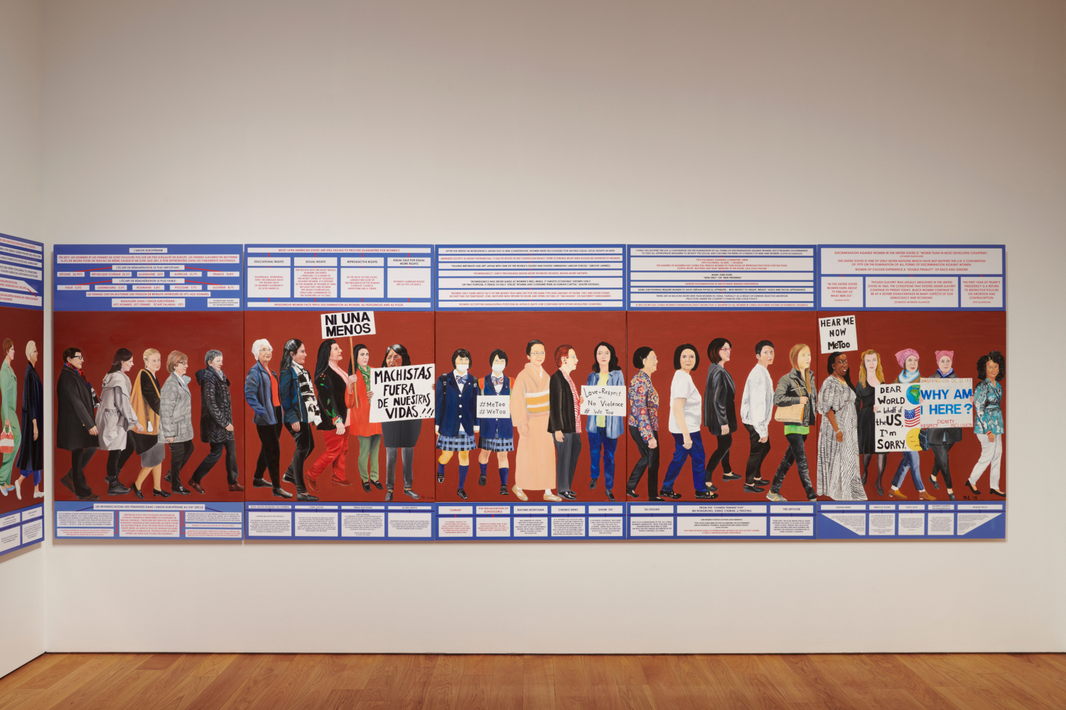 Exhibition view ‘Seven Paintings – Seven Encounters’, Mudam Luxembourg. Photo: Marc Domage © Mudam Luxembourg. Berthe Lutgen, ‘La Marche des femmes’, 2017-2019 (detail). Collection Mudam Luxembourg © Berthe Lutgen