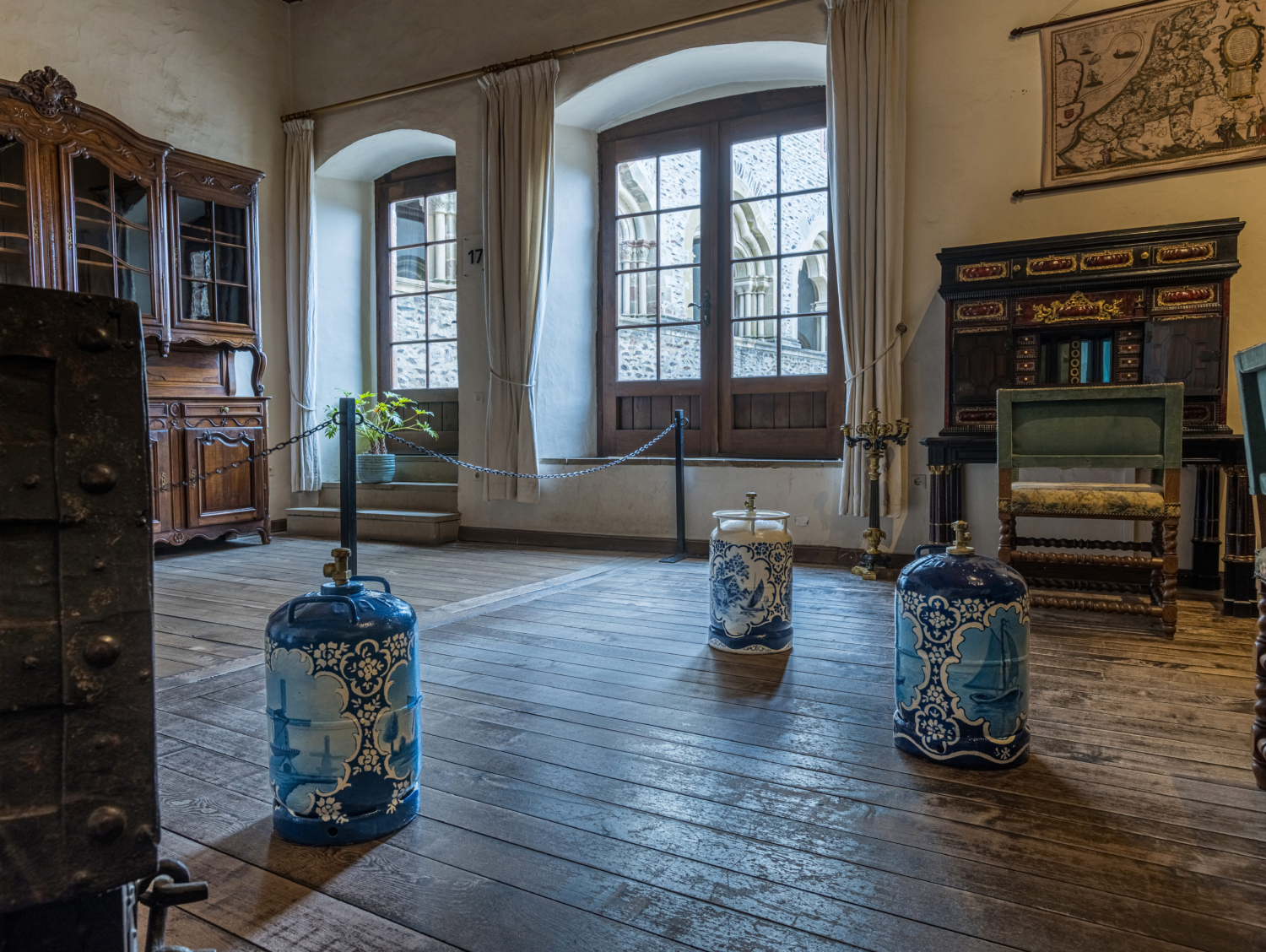 Wim Delvoye, ‘Cargas 22810’, ‘Combugaz 35238’, ‘Butaan Van Delft’, 1988. Collection Mudam Luxembourg. Donation 2022 – Donation American Friends of Mudam, Collection Raymond J. Learsy. Exhibition view ‘Dodeka: 12 Works for 12 Cantons’, Vianden Castle, Vianden. Photo: Mike Zenari © Mudam Luxembourg