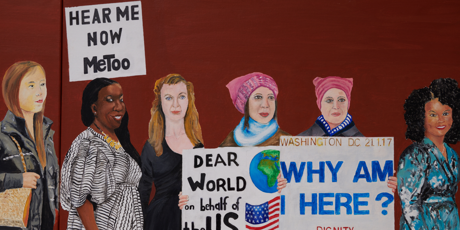 Exhibition view ‘Seven Paintings – Seven Encounters’, Mudam Luxembourg. Photo: Marc Domage © Mudam Luxembourg. Berthe Lutgen, ‘La Marche des femmes’, 2017-2019 (detail). Collection Mudam Luxembourg © Berthe Lutgen