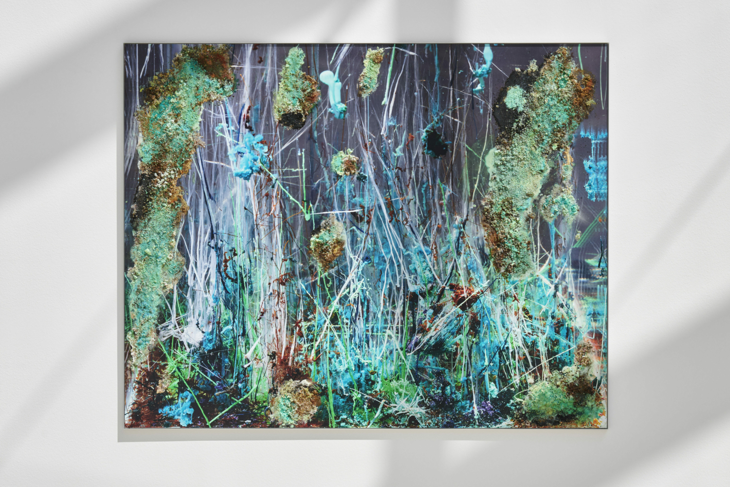Agnieszka Kurant, ‘Nonorganic Life 1’, 2023. Painting with crystals of metal salts (copper, nickel, cobalt, chromium, manganese, iron and zinc) grown on anodised printed aluminium plate. Fabrication and project management: Noël Hochuli, Kunstgiesserei St. Gallen AG. Courtesy of the artist. View of the exhibition ‘Agnieszka Kurant. Risk Landscape’, Mudam Luxembourg. Photo: Mareike Tocha © Mudam Luxembourg