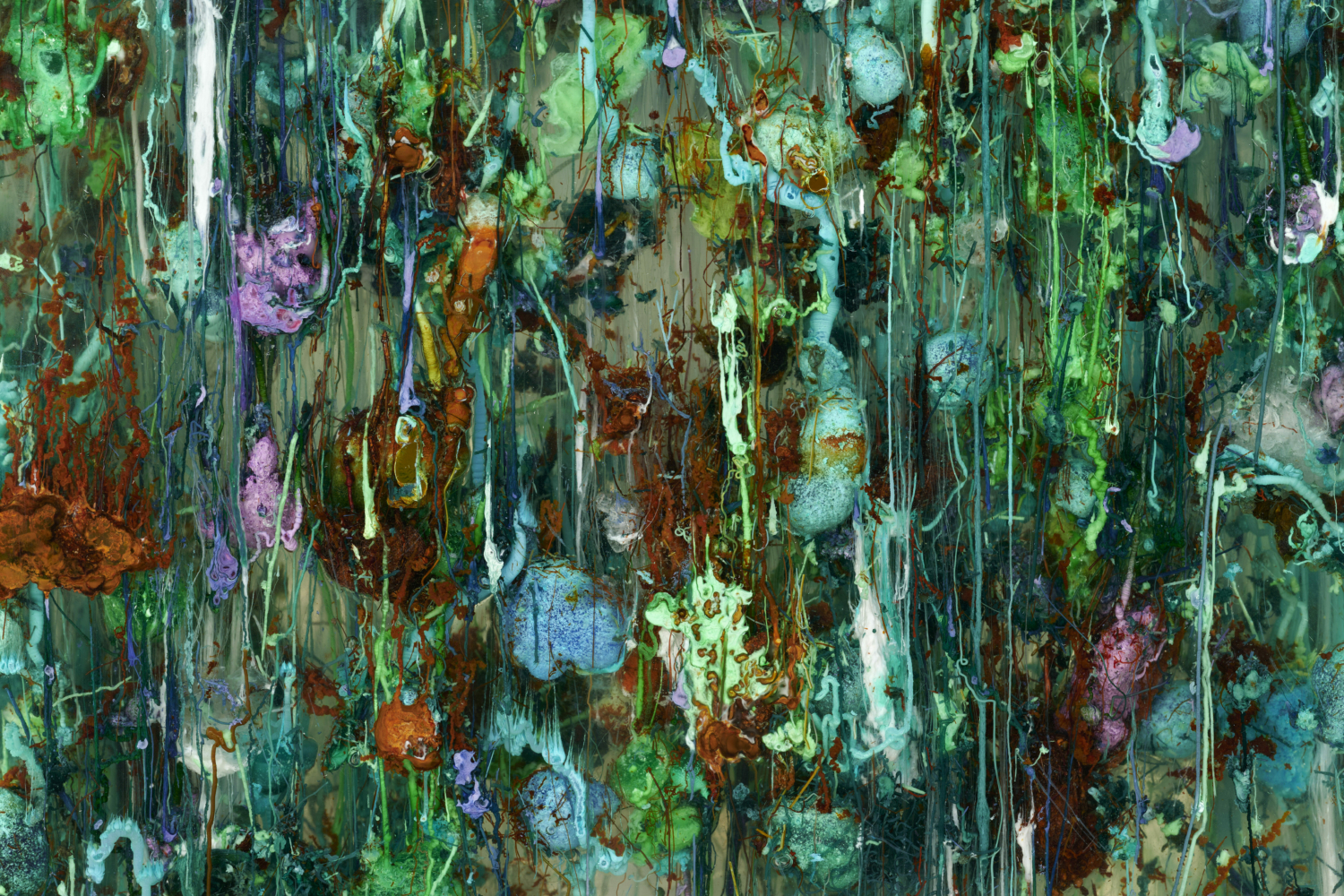 Agnieszka Kurant, ‘Chemical Garden’, 2021–ongoing. Sodium silicate, salts of copper, nickel, cobalt, chromium, manganese, iron and zinc, Opti white glass. Scientific collaboration: Dr. Magdalena Osiał. Courtesy of the artist. View of the exhibition ‘Agnieszka Kurant. Risk Landscape’, Mudam Luxembourg © Photo: Mareike Tocha | Mudam Luxembourg